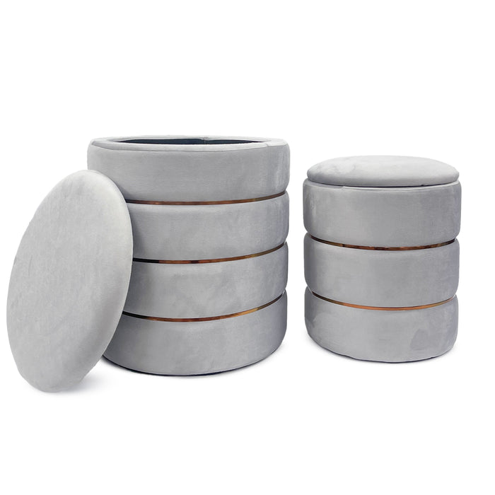 Set 2 Pouf Contenitori in Velluto – Pouf Arredo Moderni Impilabili, Poggiapiedi con Contenitore Salvaspazio, 4 Colori – Grande 37x41 cm, Medio 28x34 cm   Grigio