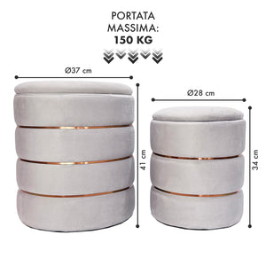 Set 2 Pouf Contenitori in Velluto – Pouf Arredo Moderni Impilabili, Poggiapiedi con Contenitore Salvaspazio, 4 Colori – Grande 37x41 cm, Medio 28x34 cm   Grigio