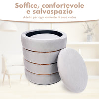 Set 2 Pouf Contenitori in Velluto – Pouf Arredo Moderni Impilabili, Poggiapiedi con Contenitore Salvaspazio, 4 Colori – Grande 37x41 cm, Medio 28x34 cm   Grigio
