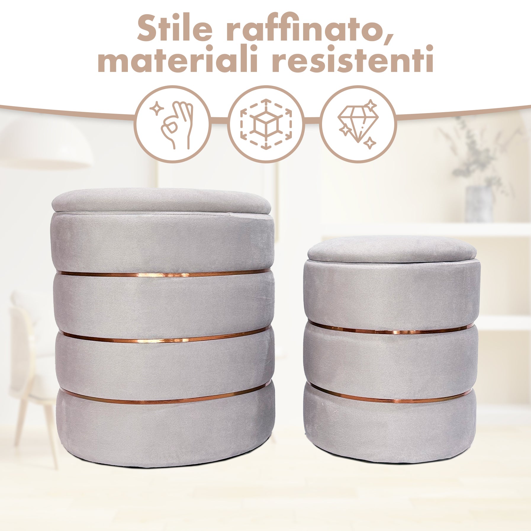 Set 2 Pouf Contenitori in Velluto – Pouf Arredo Moderni Impilabili, Poggiapiedi con Contenitore Salvaspazio, 4 Colori – Grande 37x41 cm, Medio 28x34 cm   Grigio