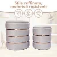 Set 2 Pouf Contenitori in Velluto – Pouf Arredo Moderni Impilabili, Poggiapiedi con Contenitore Salvaspazio, 4 Colori – Grande 37x41 cm, Medio 28x34 cm   Grigio