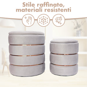 Set 2 Pouf Contenitori in Velluto – Pouf Arredo Moderni Impilabili, Poggiapiedi con Contenitore Salvaspazio, 4 Colori – Grande 37x41 cm, Medio 28x34 cm   Grigio