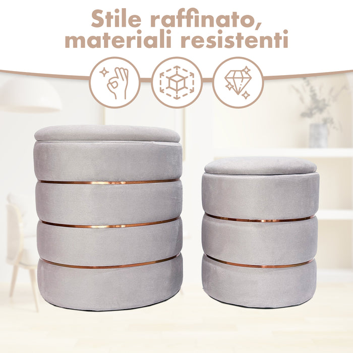 Set 2 Pouf Contenitori in Velluto – Pouf Arredo Moderni Impilabili, Poggiapiedi con Contenitore Salvaspazio, 4 Colori – Grande 37x41 cm, Medio 28x34 cm   Grigio