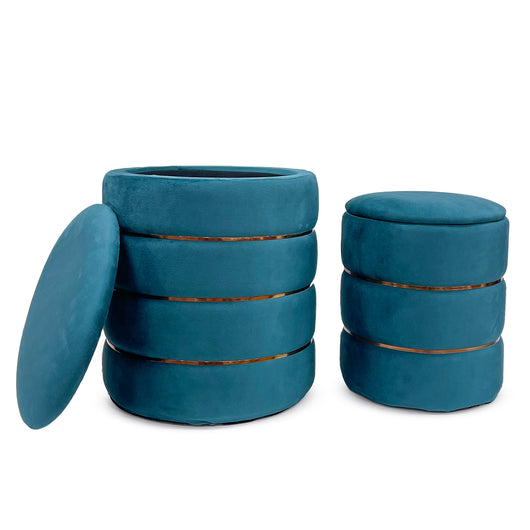 Set 2 Pouf Contenitori in Velluto – Pouf Arredo Moderni Impilabili, Poggiapiedi con Contenitore Salvaspazio, 4 Colori – Grande 37x41 cm, Medio 28x34 cm   Petrolio