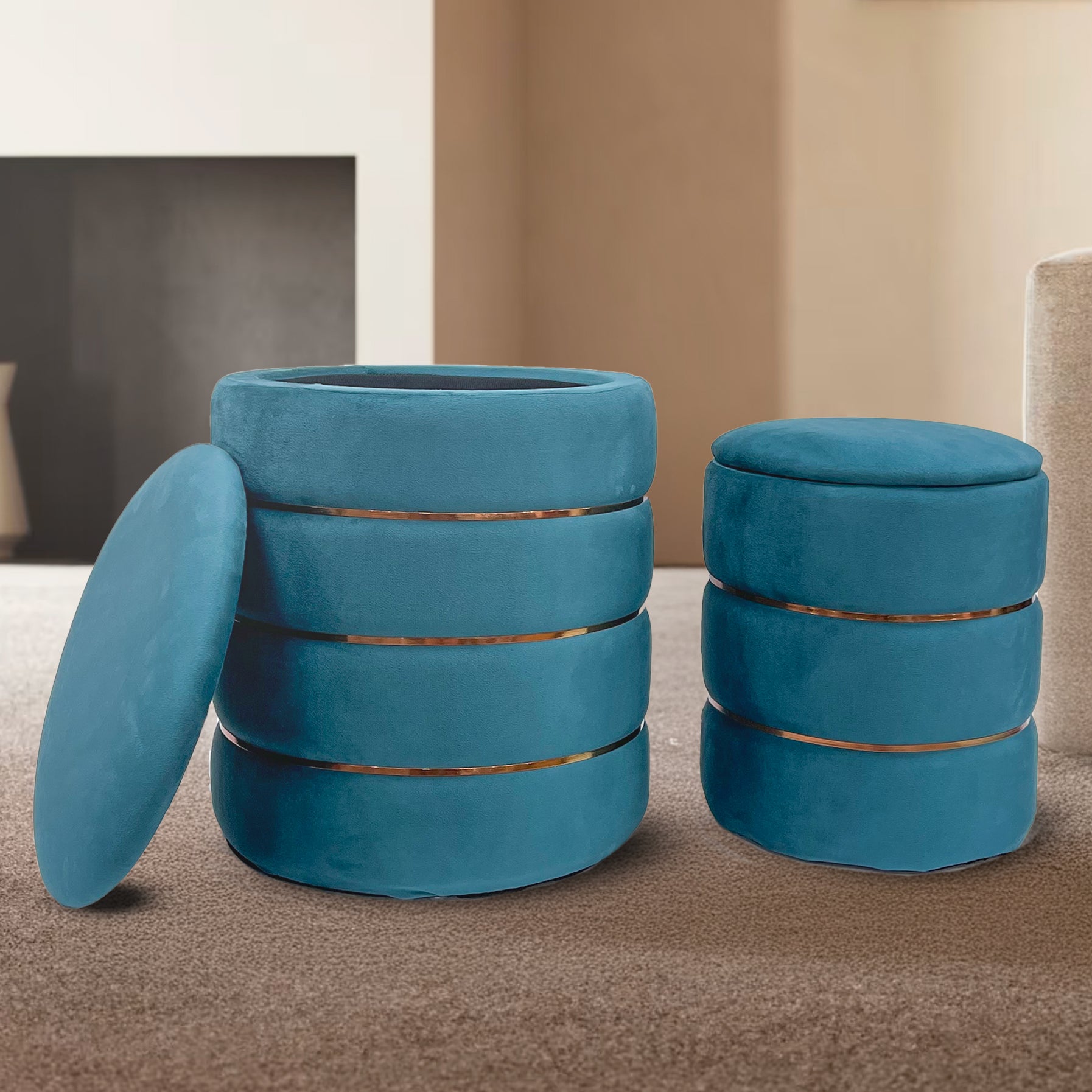 Set 2 Pouf Contenitori in Velluto – Pouf Arredo Moderni Impilabili, Poggiapiedi con Contenitore Salvaspazio, 4 Colori – Grande 37x41 cm, Medio 28x34 cm   Petrolio