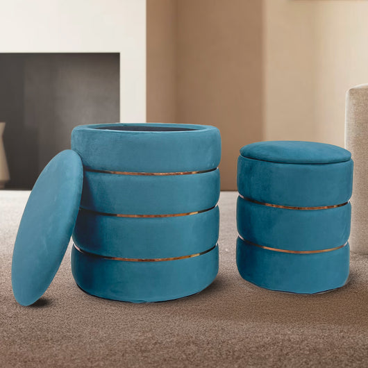 Set 2 Pouf Contenitori in Velluto – Pouf Arredo Moderni Impilabili, Poggiapiedi con Contenitore Salvaspazio, 4 Colori – Grande 37x41 cm, Medio 28x34 cm   Petrolio