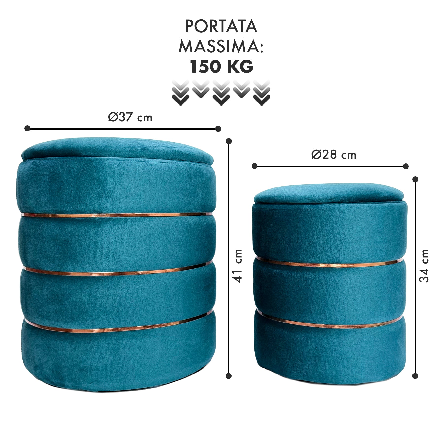 Set 2 Pouf Contenitori in Velluto – Pouf Arredo Moderni Impilabili, Poggiapiedi con Contenitore Salvaspazio, 4 Colori – Grande 37x41 cm, Medio 28x34 cm   Petrolio