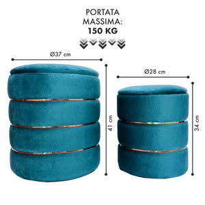 Set 2 Pouf Contenitori in Velluto – Pouf Arredo Moderni Impilabili, Poggiapiedi con Contenitore Salvaspazio, 4 Colori – Grande 37x41 cm, Medio 28x34 cm   Petrolio