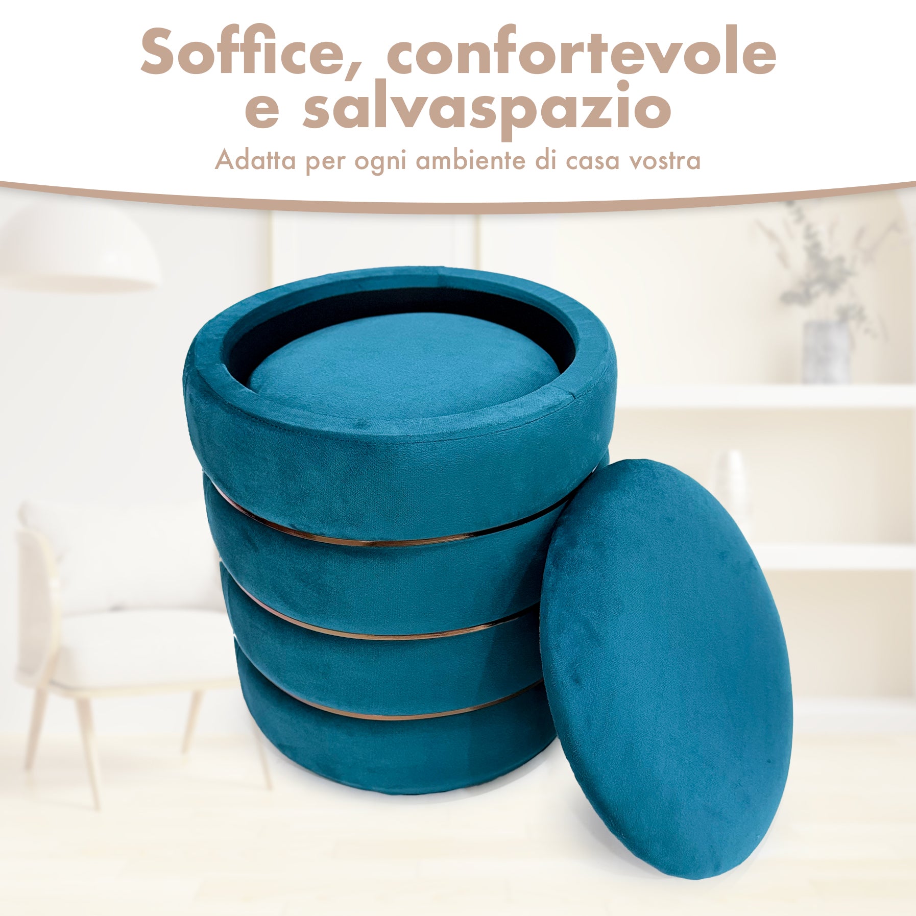 Set 2 Pouf Contenitori in Velluto – Pouf Arredo Moderni Impilabili, Poggiapiedi con Contenitore Salvaspazio, 4 Colori – Grande 37x41 cm, Medio 28x34 cm   Petrolio