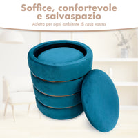 Set 2 Pouf Contenitori in Velluto – Pouf Arredo Moderni Impilabili, Poggiapiedi con Contenitore Salvaspazio, 4 Colori – Grande 37x41 cm, Medio 28x34 cm   Petrolio