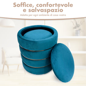 Set 2 Pouf Contenitori in Velluto – Pouf Arredo Moderni Impilabili, Poggiapiedi con Contenitore Salvaspazio, 4 Colori – Grande 37x41 cm, Medio 28x34 cm   Petrolio