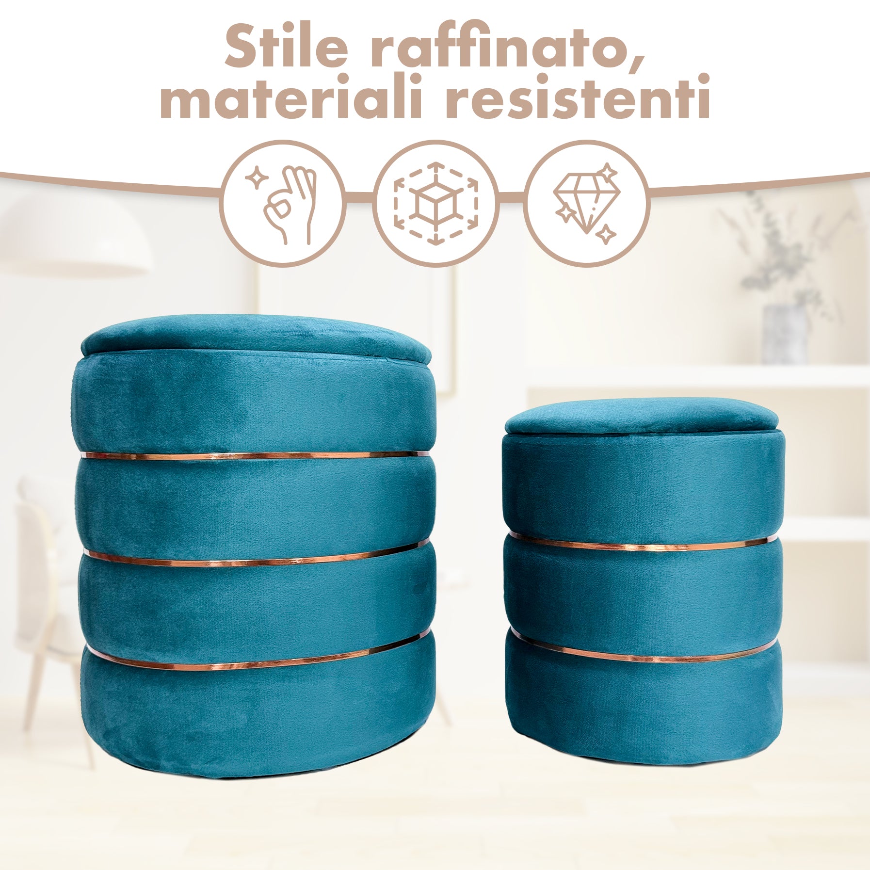 Set 2 Pouf Contenitori in Velluto – Pouf Arredo Moderni Impilabili, Poggiapiedi con Contenitore Salvaspazio, 4 Colori – Grande 37x41 cm, Medio 28x34 cm   Petrolio