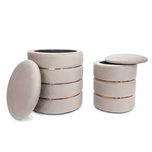 Set 2 Pouf Contenitori in Velluto – Pouf Arredo Moderni Impilabili, Poggiapiedi con Contenitore Salvaspazio, 4 Colori – Grande 37x41 cm, Medio 28x34 cm   Tortora