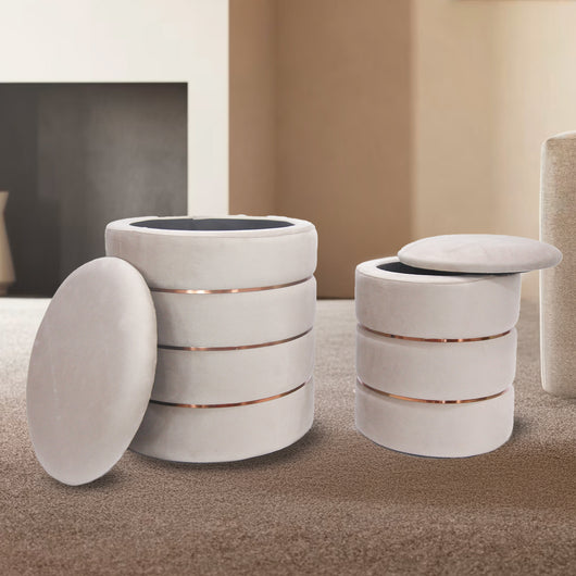 Set 2 Pouf Contenitori in Velluto – Pouf Arredo Moderni Impilabili, Poggiapiedi con Contenitore Salvaspazio, 4 Colori – Grande 37x41 cm, Medio 28x34 cm   Tortora