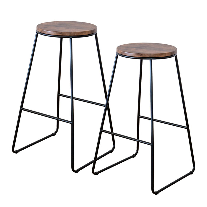 Coppia di Sgabelli Alti in Metallo con Seduta in Legno – Design Industriale Moderno – Set 2 Sgabelli da Cucina, Penisola o Bar – Colori Marrone e Nero Marrone