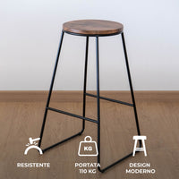 Coppia di Sgabelli Alti in Metallo con Seduta in Legno – Design Industriale Moderno – Set 2 Sgabelli da Cucina, Penisola o Bar – Colori Marrone e Nero Marrone