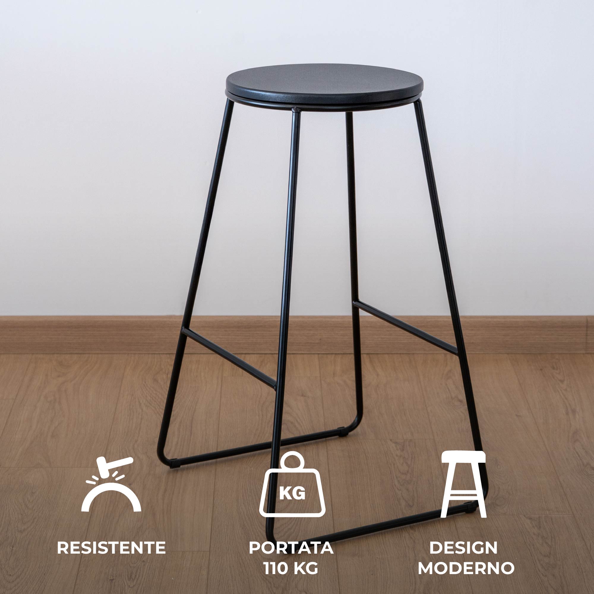 Coppia di Sgabelli Alti in Metallo con Seduta in Legno – Design Industriale Moderno – Set 2 Sgabelli da Cucina, Penisola o Bar – Colori Marrone e Nero Nero