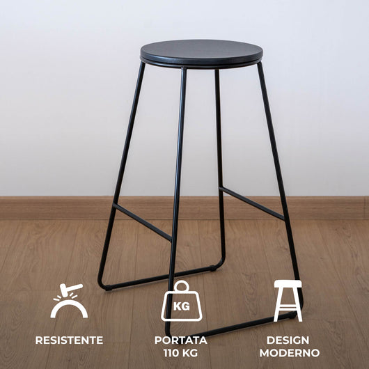 Coppia di Sgabelli Alti in Metallo con Seduta in Legno – Design Industriale Moderno – Set 2 Sgabelli da Cucina, Penisola o Bar – Colori Marrone e Nero Nero