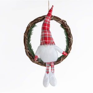 Ghirlanda  Natalizia con Gnomo Seduto Ghirlanda Ø30 cm con Gnomo Alto 50 cm Decorazione per Porta o Parete in Vimini Bianco