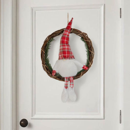 Ghirlanda  Natalizia con Gnomo Seduto Ghirlanda Ø30 cm con Gnomo Alto 50 cm Decorazione per Porta o Parete in Vimini Bianco