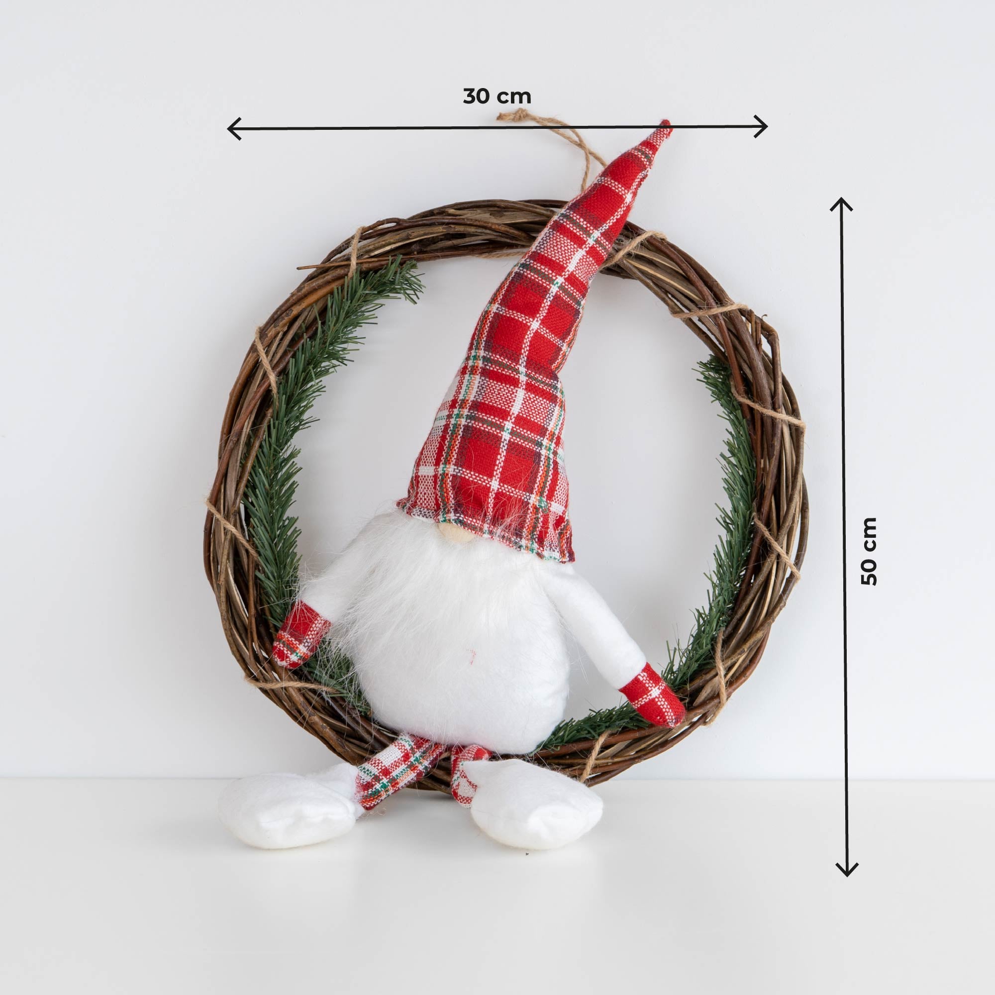 Ghirlanda  Natalizia con Gnomo Seduto Ghirlanda Ø30 cm con Gnomo Alto 50 cm Decorazione per Porta o Parete in Vimini Bianco