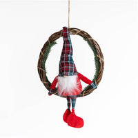 Ghirlanda  Natalizia con Gnomo Seduto Ghirlanda Ø30 cm con Gnomo Alto 50 cm Decorazione per Porta o Parete in Vimini Rosso