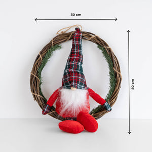 Ghirlanda  Natalizia con Gnomo Seduto Ghirlanda Ø30 cm con Gnomo Alto 50 cm Decorazione per Porta o Parete in Vimini Rosso