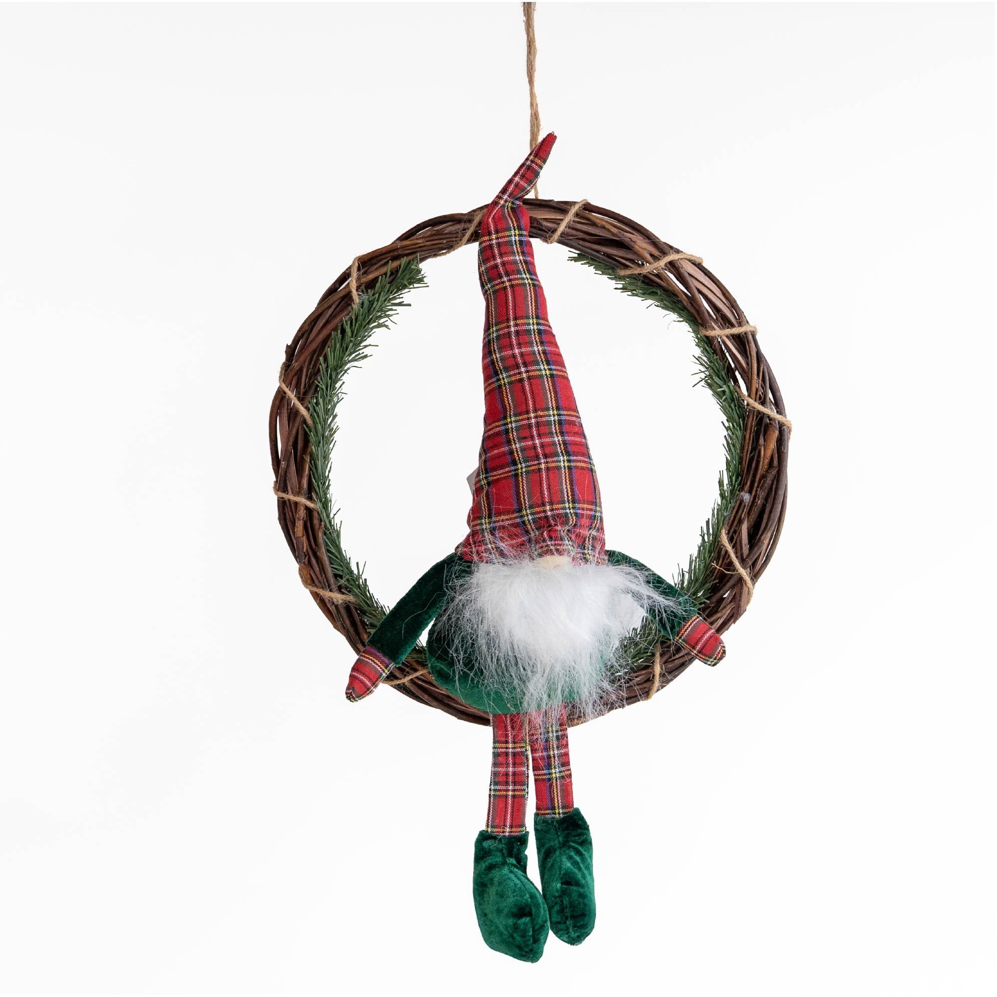 Ghirlanda  Natalizia con Gnomo Seduto Ghirlanda Ø30 cm con Gnomo Alto 50 cm Decorazione per Porta o Parete in Vimini Verde