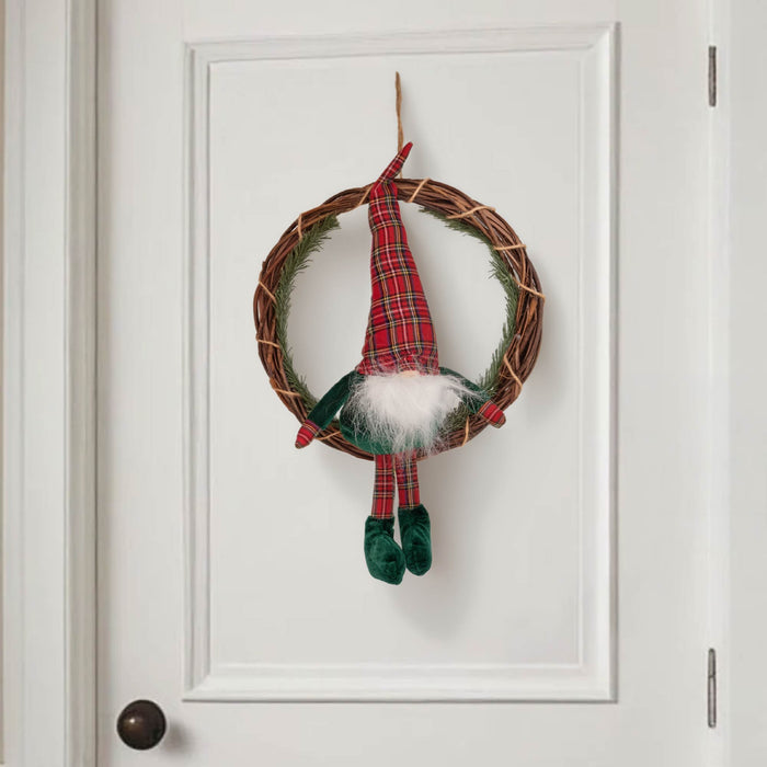 Ghirlanda  Natalizia con Gnomo Seduto Ghirlanda Ø30 cm con Gnomo Alto 50 cm Decorazione per Porta o Parete in Vimini Verde