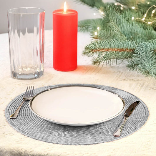 Set 4 Sottopiatti Natalizi Rotondi Ø38 cm Tovagliette Decorazione Tavola in Poliestere Intrecciato Sottopiatti Eleganti per Natale e Capodanno Argento