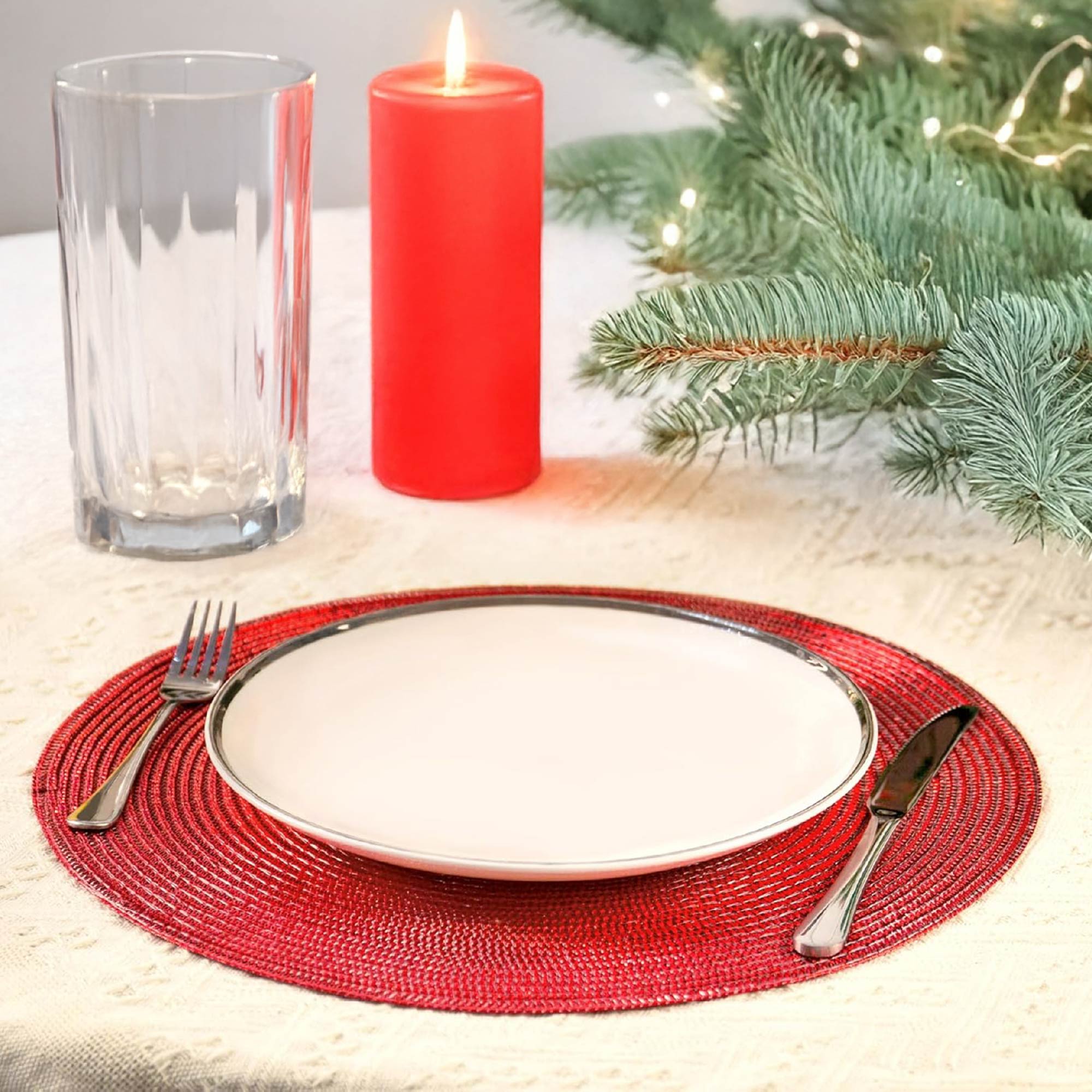Set 4 Sottopiatti Natalizi Rotondi Ø38 cm Tovagliette Decorazione Tavola in Poliestere Intrecciato Sottopiatti Eleganti per Natale e Capodanno Bordeaux