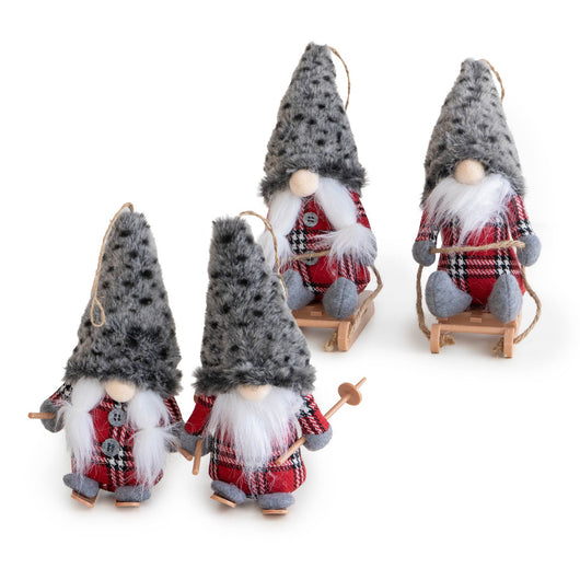 Set 4 Gnomi Natalizi 22 cm con Sci e Slitta Decorazioni Natale in Feltro con Cordino per Appenderli Gnomi Rossi, Animalier e Righe  Addobbi per Casa Animalier