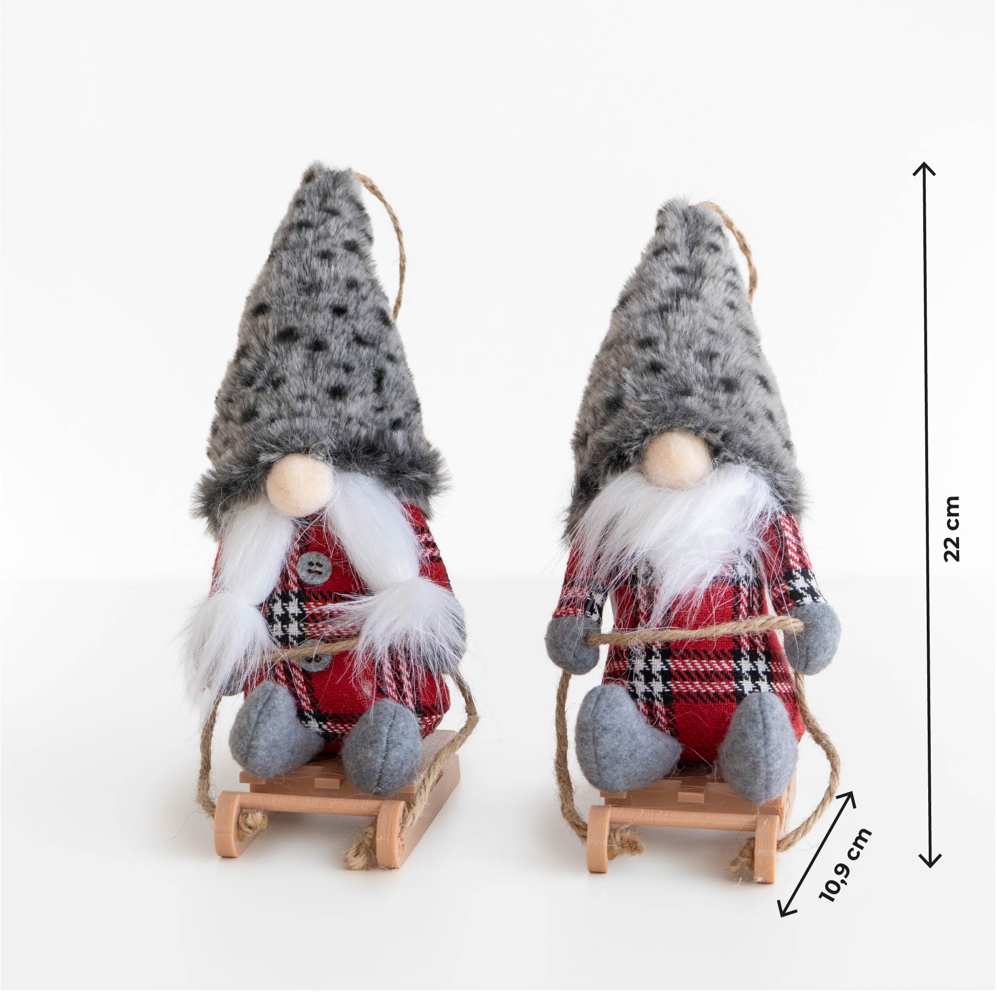 Set 4 Gnomi Natalizi 22 cm con Sci e Slitta Decorazioni Natale in Feltro con Cordino per Appenderli Gnomi Rossi, Animalier e Righe  Addobbi per Casa Animalier