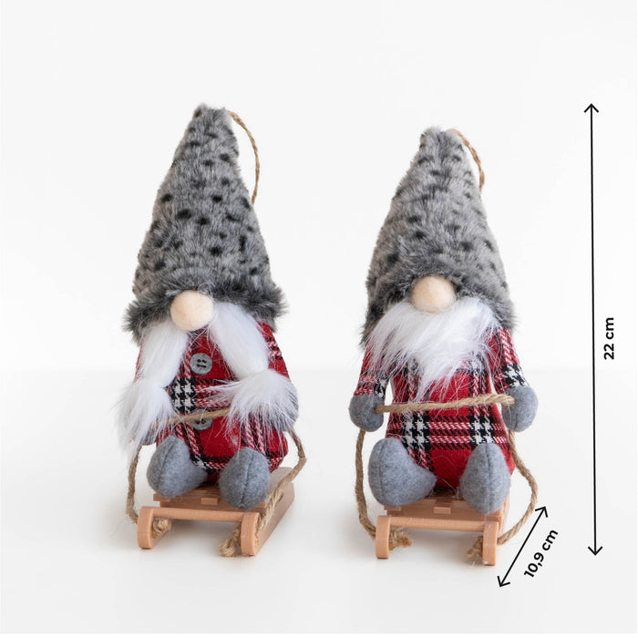 Set 4 Gnomi Natalizi 22 cm con Sci e Slitta Decorazioni Natale in Feltro con Cordino per Appenderli Gnomi Rossi, Animalier e Righe  Addobbi per Casa Animalier