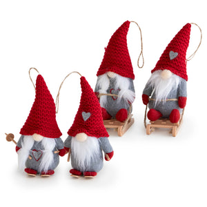 Set 4 Gnomi Natalizi 22 cm con Sci e Slitta Decorazioni Natale in Feltro con Cordino per Appenderli Gnomi Rossi, Animalier e Righe  Addobbi per Casa Rosso