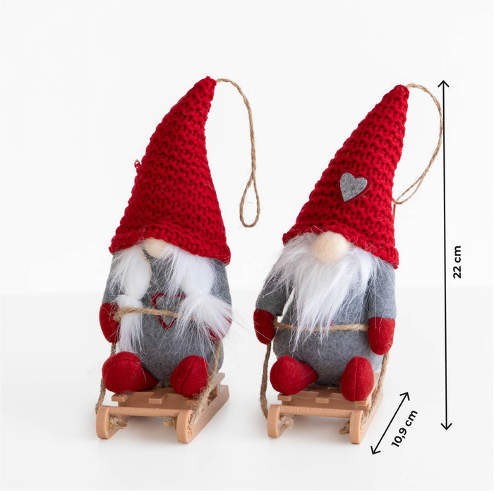 Set 4 Gnomi Natalizi 22 cm con Sci e Slitta Decorazioni Natale in Feltro con Cordino per Appenderli Gnomi Rossi, Animalier e Righe  Addobbi per Casa Rosso