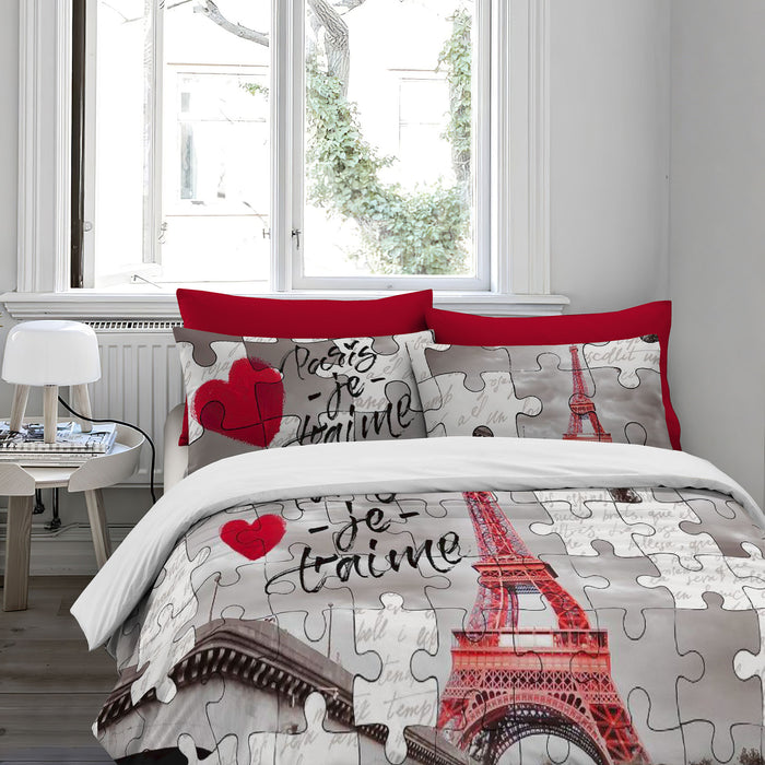 Copripiumino Matrimoniale in Raso Cotone Stampa Digitale HD – Retro in Puro Cotone,Sacco + 2 Federe -Lavabile in Lavatrice – Morbido, Brillante e di Alta Qualità   Parigi
