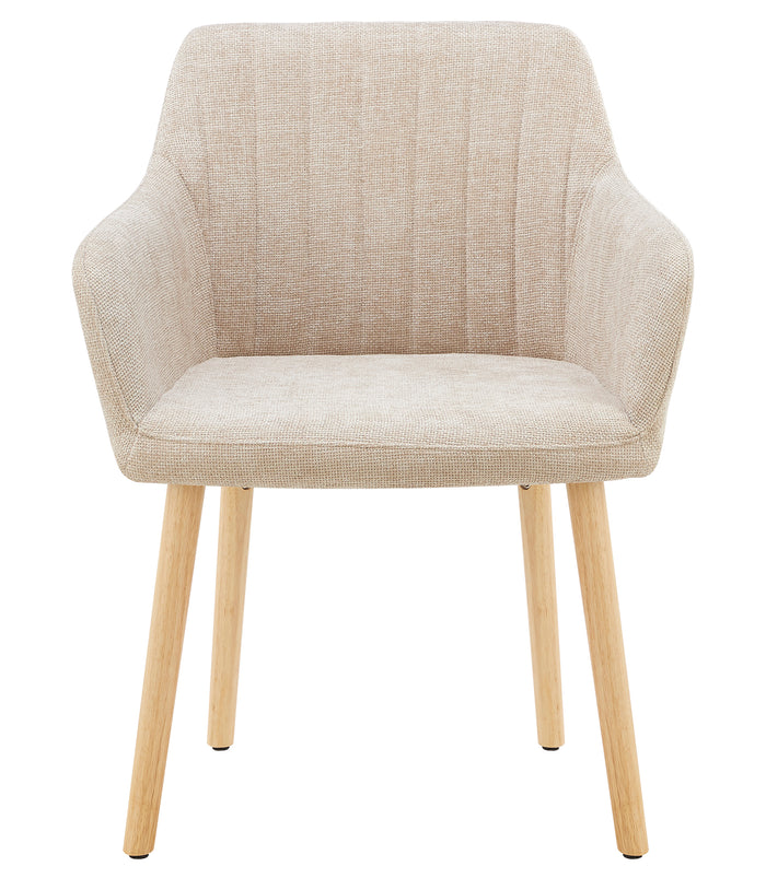 Poltroncina Stile Scandinavo in Tessuto Beige con Gambe in Legno Naturale – Sedia Imbottita Moderna per Soggiorno, Sala da Pranzo o Camera da Letto – Design Nordico Elegante e Confortevole Nocciola