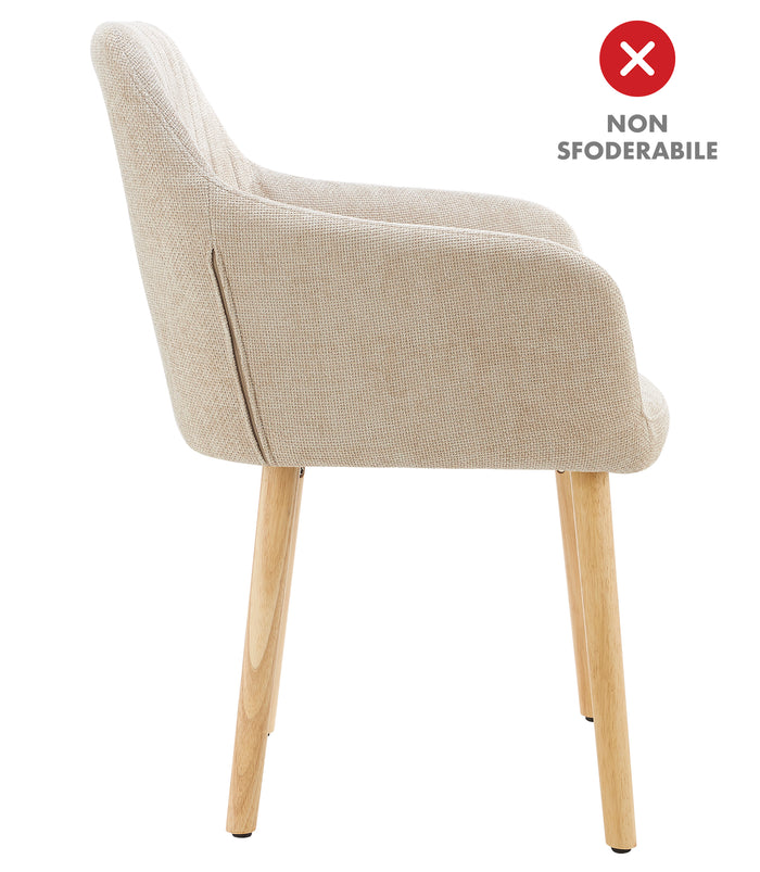Poltroncina Stile Scandinavo in Tessuto Beige con Gambe in Legno Naturale – Sedia Imbottita Moderna per Soggiorno, Sala da Pranzo o Camera da Letto – Design Nordico Elegante e Confortevole Nocciola