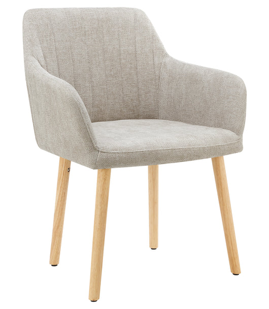 Poltroncina Stile Scandinavo in Tessuto Beige con Gambe in Legno Naturale – Sedia Imbottita Moderna per Soggiorno, Sala da Pranzo o Camera da Letto – Design Nordico Elegante e Confortevole Tortora