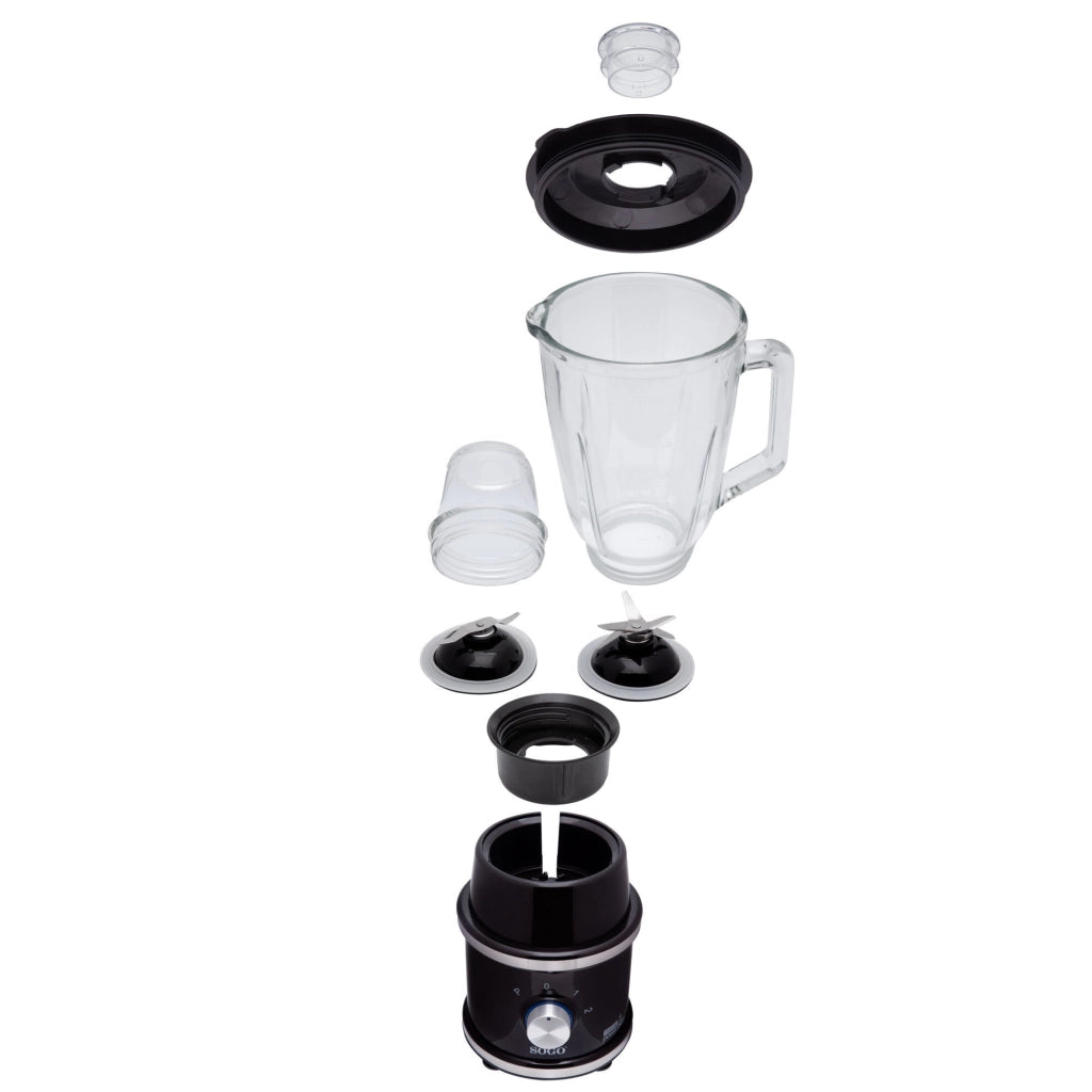 Frullatore elettrico da tavolo 1300W, 2 velocità con pulse, caraffa vetro 1,5L e mini tritatutto 300ml - SOGO