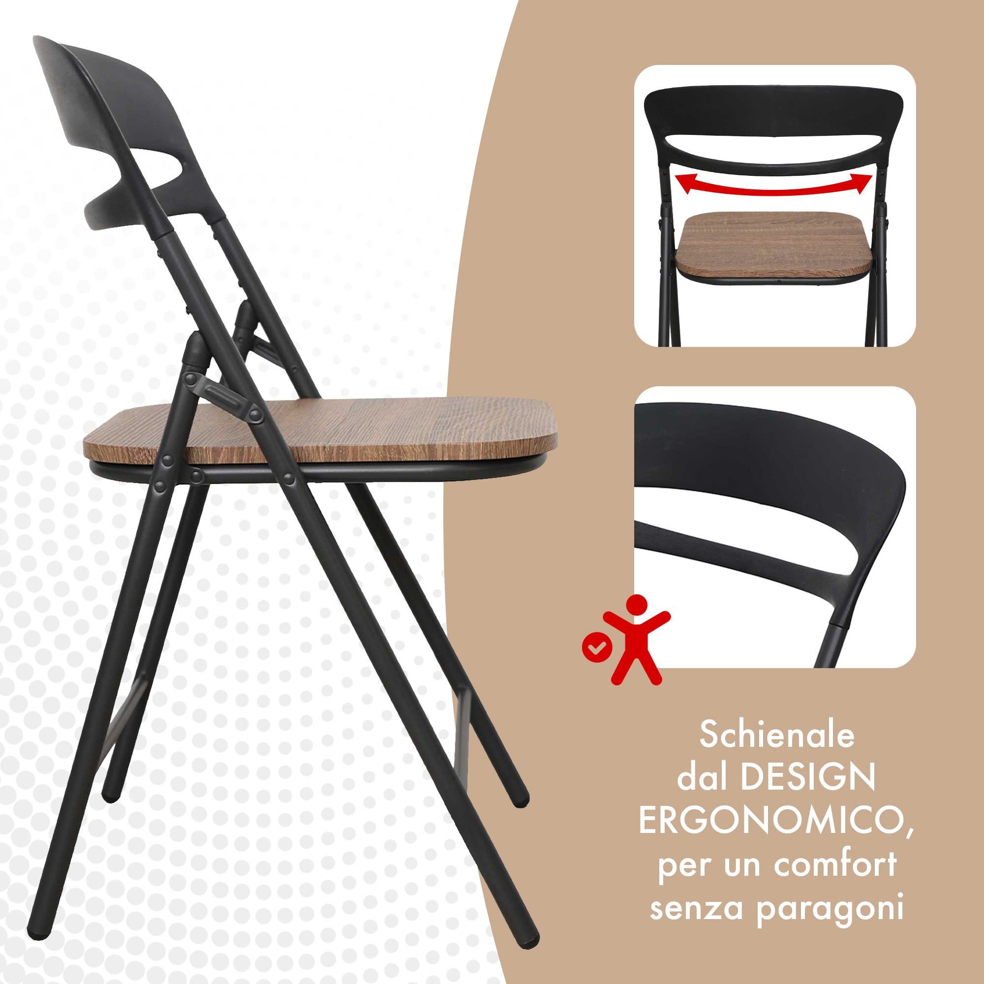 Set di 4 Sedie Pieghevoli Moderne Struttura in Metallo Verniciato a Polvere, Seduta in Legno e Schienale in Polipropilene Eleganti, Resistenti e Confortevoli,Portata 120 kg Marrone