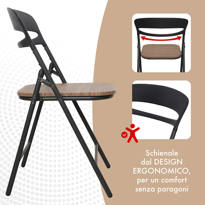 Set di 4 Sedie Pieghevoli Moderne Struttura in Metallo Verniciato a Polvere, Seduta in Legno e Schienale in Polipropilene Eleganti, Resistenti e Confortevoli,Portata 120 kg Marrone