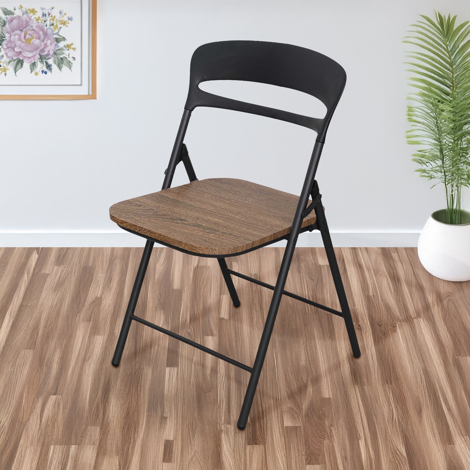 Set di 4 Sedie Pieghevoli Moderne Struttura in Metallo Verniciato a Polvere, Seduta in Legno e Schienale in Polipropilene Eleganti, Resistenti e Confortevoli,Portata 120 kg Marrone