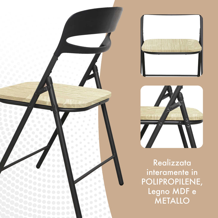Set di 4 Sedie Pieghevoli Moderne Struttura in Metallo Verniciato a Polvere, Seduta in Legno e Schienale in Polipropilene Eleganti, Resistenti e Confortevoli,Portata 120 kg Naturale