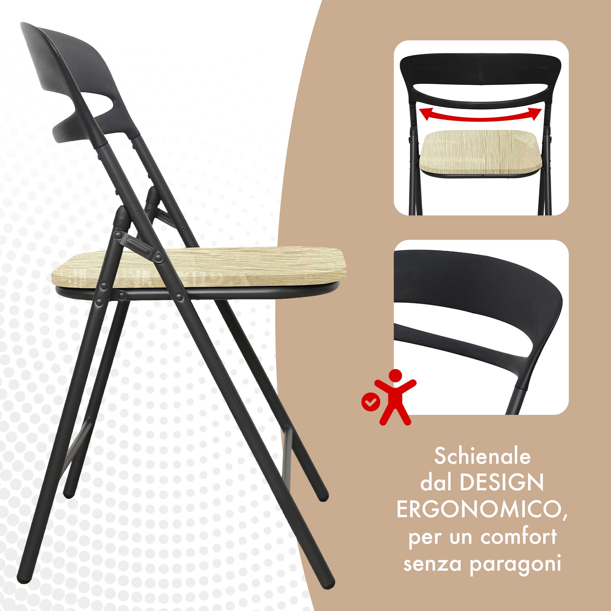 Set di 4 Sedie Pieghevoli Moderne Struttura in Metallo Verniciato a Polvere, Seduta in Legno e Schienale in Polipropilene Eleganti, Resistenti e Confortevoli,Portata 120 kg Naturale