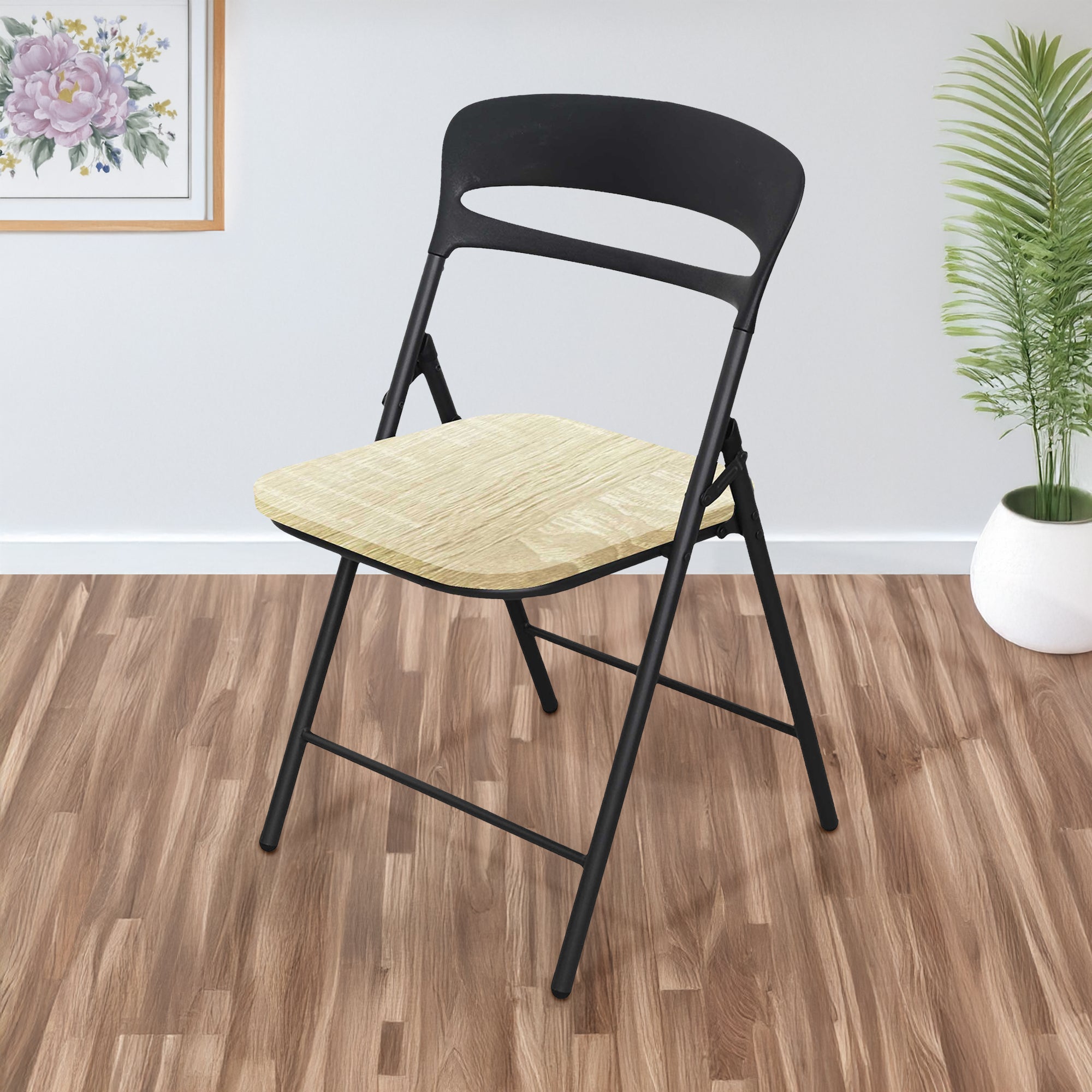 Set di 4 Sedie Pieghevoli Moderne Struttura in Metallo Verniciato a Polvere, Seduta in Legno e Schienale in Polipropilene Eleganti, Resistenti e Confortevoli,Portata 120 kg Naturale