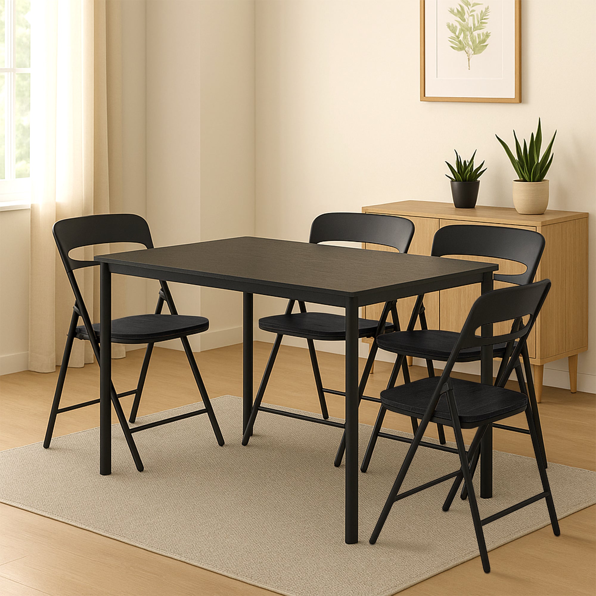 Set di 4 Sedie Pieghevoli Moderne Struttura in Metallo Verniciato a Polvere, Seduta in Legno e Schienale in Polipropilene Eleganti, Resistenti e Confortevoli,Portata 120 kg Nero