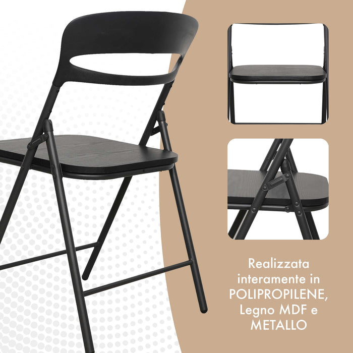 Set di 4 Sedie Pieghevoli Moderne Struttura in Metallo Verniciato a Polvere, Seduta in Legno e Schienale in Polipropilene Eleganti, Resistenti e Confortevoli,Portata 120 kg Nero