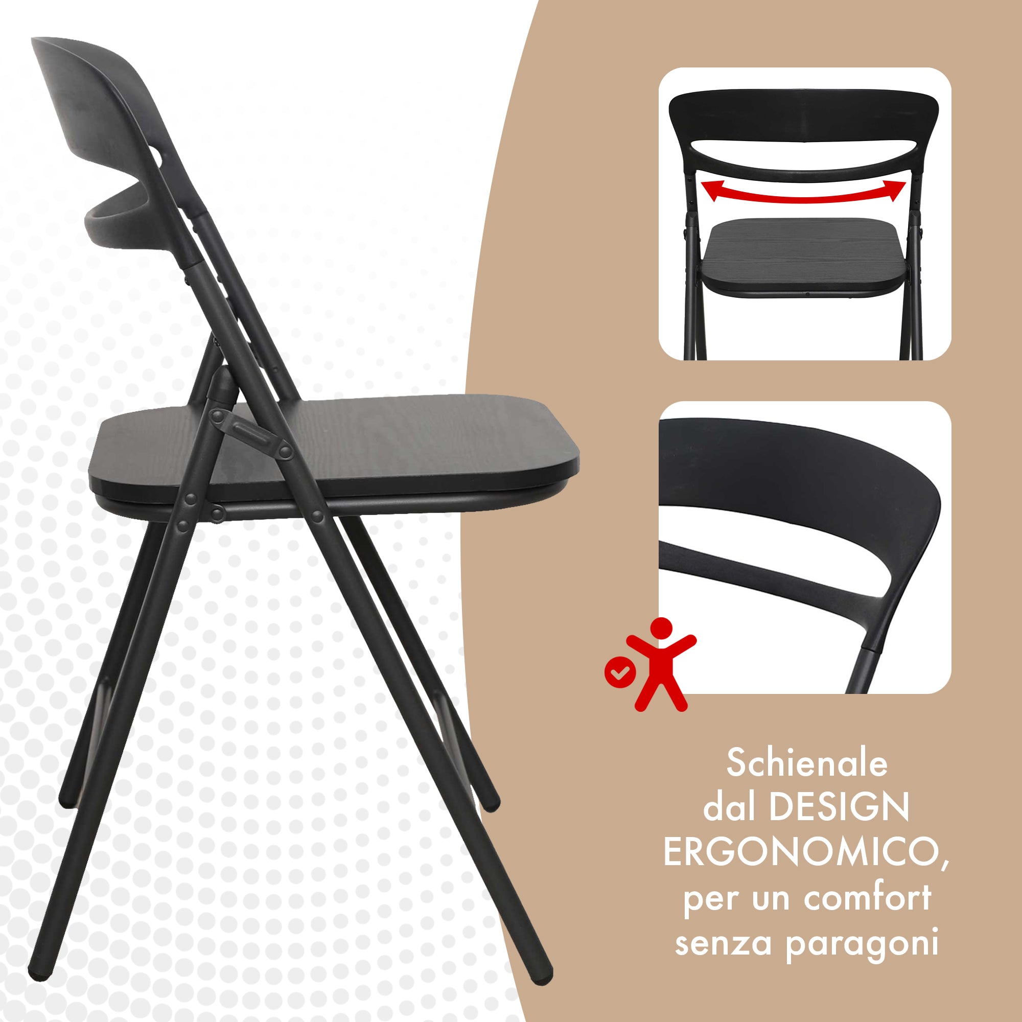 Set di 4 Sedie Pieghevoli Moderne Struttura in Metallo Verniciato a Polvere, Seduta in Legno e Schienale in Polipropilene Eleganti, Resistenti e Confortevoli,Portata 120 kg Nero